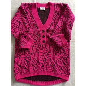 Vintage 80s 90s Alberoy Cardigan Sweater Womens Size Medium Bright Pink & Black‎